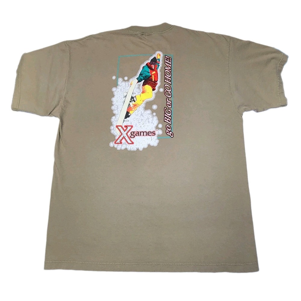 Vintage 90s X Games Graphic T Shirt XXL Sand Beige Snowboarding Go Big Or Home